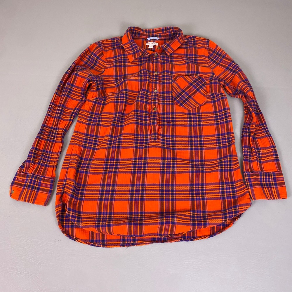 Merona Flannel Shirt Women's XL Orange Purple Plaid Cotton Long Sleeve Button Up